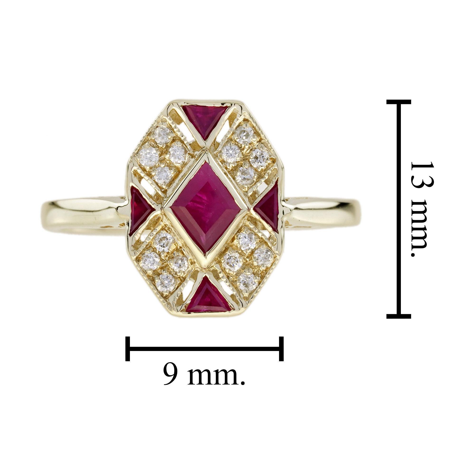 Rhombus Rubin- und Diamantring im Art-Déco-Stil aus 9 Karat Gelbgold im Angebot 1