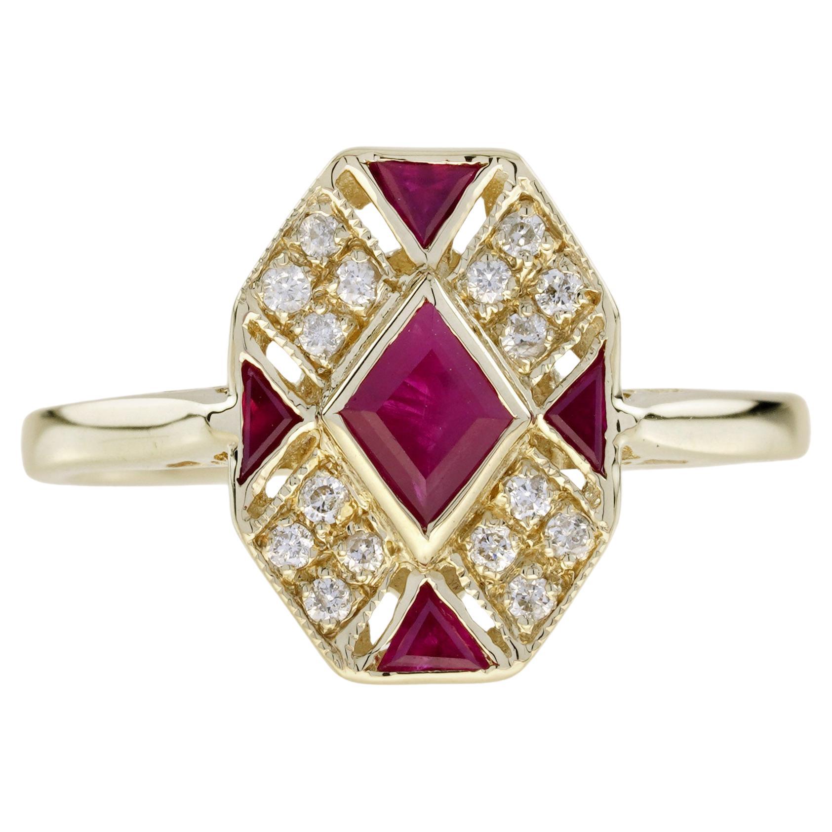 Rhombus Ruby and Diamond Art Deco Style Ring in 9K Yellow Gold