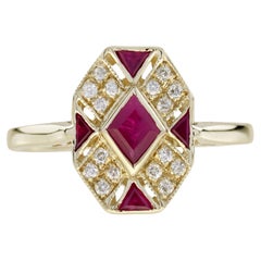 Rhombus Rubin- und Diamantring im Art-Déco-Stil aus 9 Karat Gelbgold