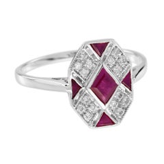 Rhombus Ruby & Diamond Art Deco Style Mosaic White Gold Ring