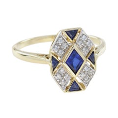 Rhombus Shape Blue Sapphire & Diamond Art Deco Style Cluster 14K Gold Ring