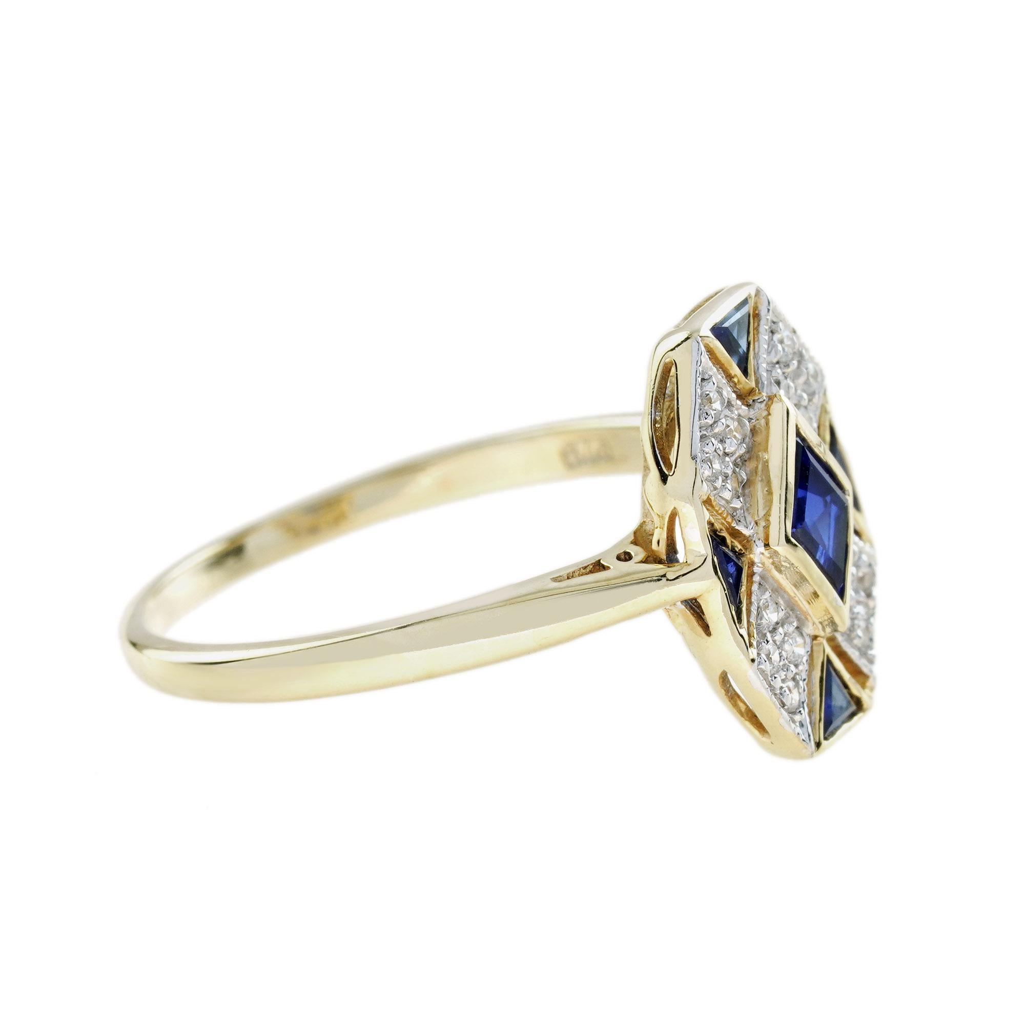 Anillo de Oro de 14K con Zafiro Azul en Forma de Rombo y Racimo de Diamantes Estilo Art Decó Corte mixto en venta