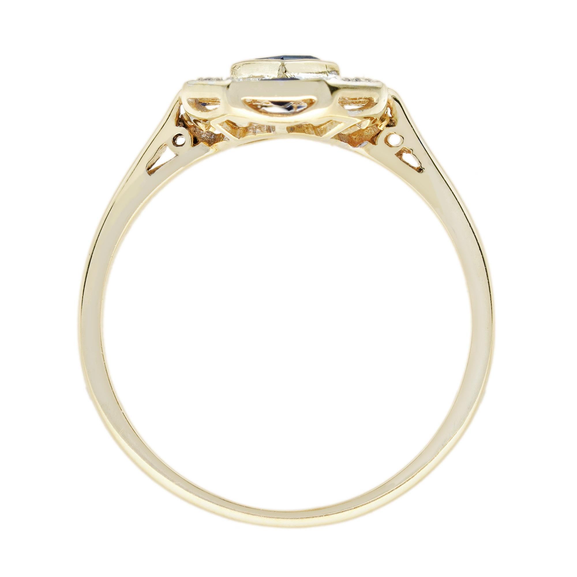 Femenino o masculino Anillo de Oro de 14K con Zafiro Azul en Forma de Rombo y Racimo de Diamantes Estilo Art Decó en venta