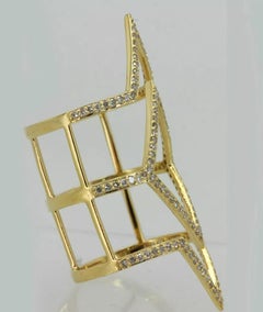 Rhombus Shape Pave Diamond Full Finger 14k Gold Long Ring