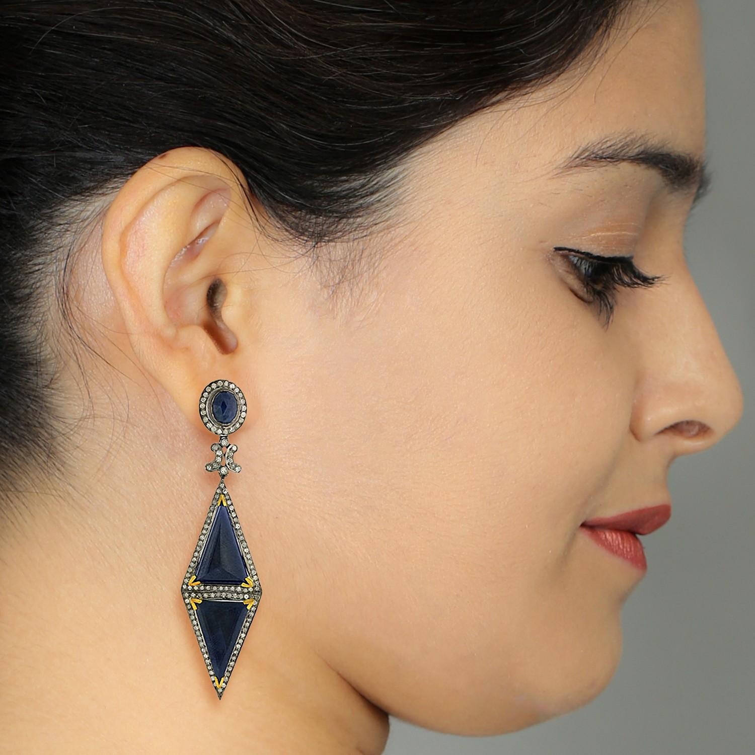 Art Deco Rhombus Shaped Blue Sapphire Earrings with Pave Diamonds in 18k Gold & Silver For Sale