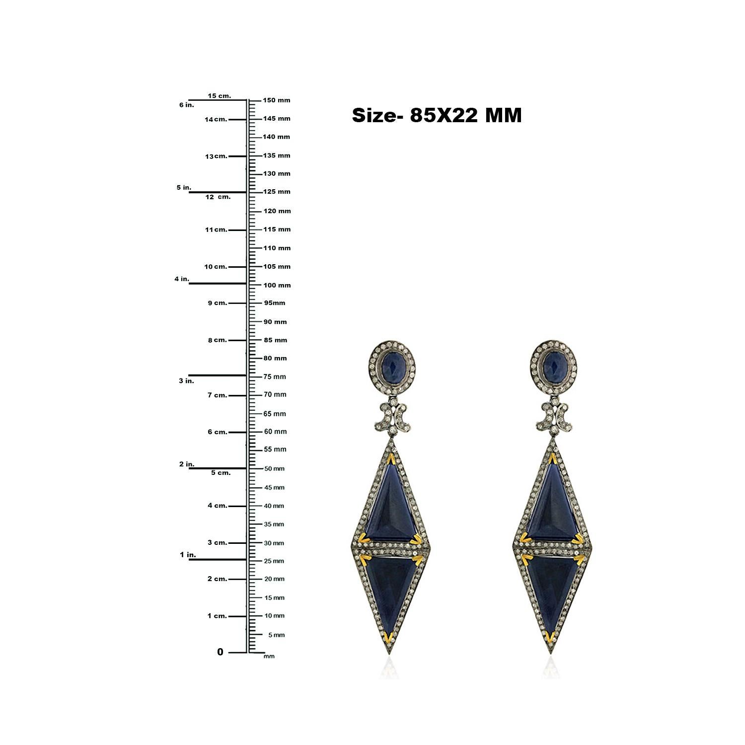 Mixed Cut Rhombus Shaped Blue Sapphire Earrings with Pave Diamonds in 18k Gold & Silver For Sale