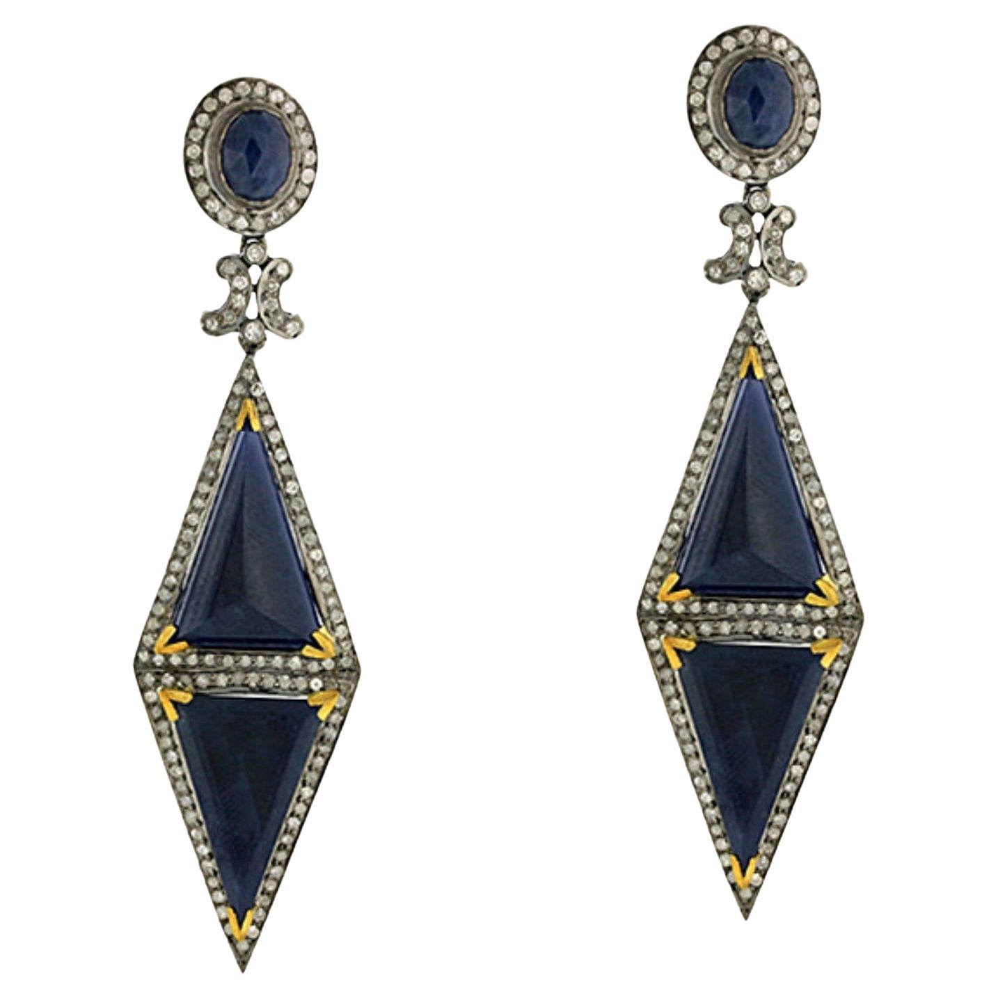 Rhombus Shaped Blue Sapphire Earrings with Pave Diamonds in 18k Gold & Silver For Sale