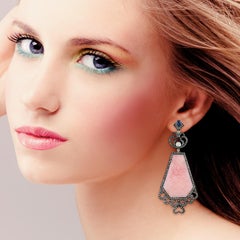 Rhombus Shaped Carved Pink Opal Dangle Earring with Blue Sapphire & Pave Diamond