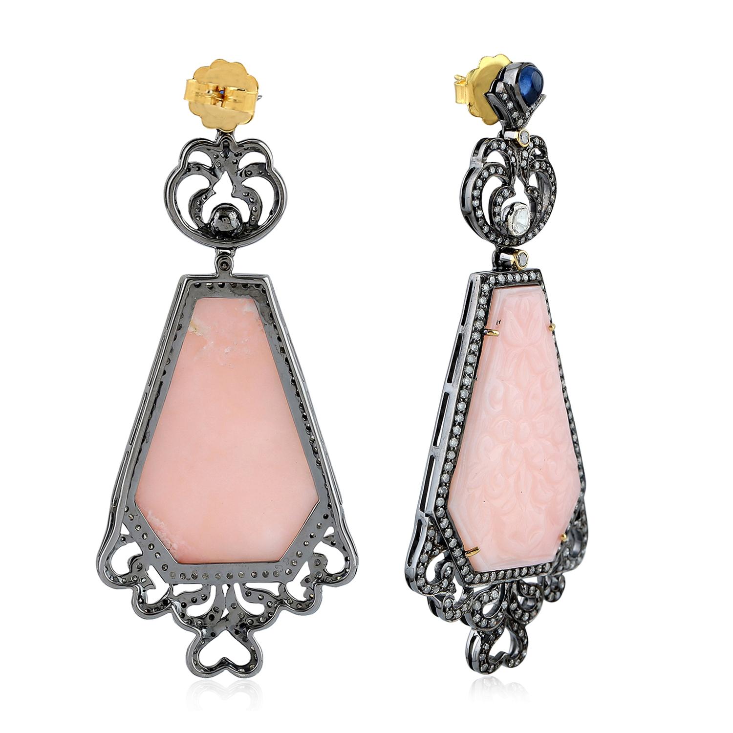 Contemporary Rhombus Shaped Carved Pink Opal Dangle Earring with Blue Sapphire & Pave Diamond For Sale