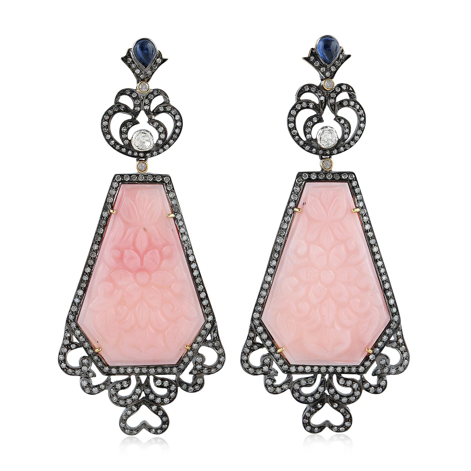 Mixed Cut Rhombus Shaped Carved Pink Opal Dangle Earring with Blue Sapphire & Pave Diamond For Sale
