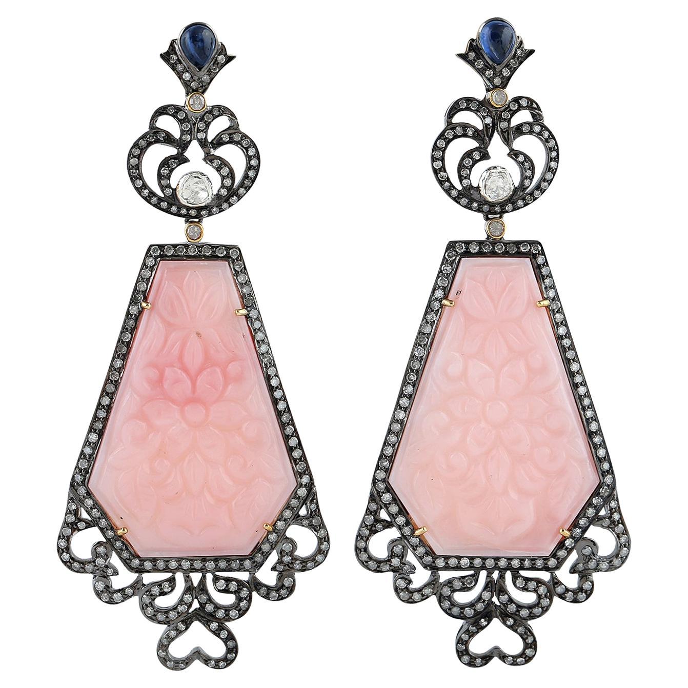 Rhombus Shaped Carved Pink Opal Dangle Earring with Blue Sapphire & Pave Diamond For Sale