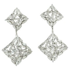 Rhombus Shaped Dangle Earrings Set in Baguette Diamonds In 18k White Gold