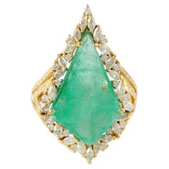 Rhombus Shaped Emerald cocktail Ring With Diamonds Made In 18k yellow Gold