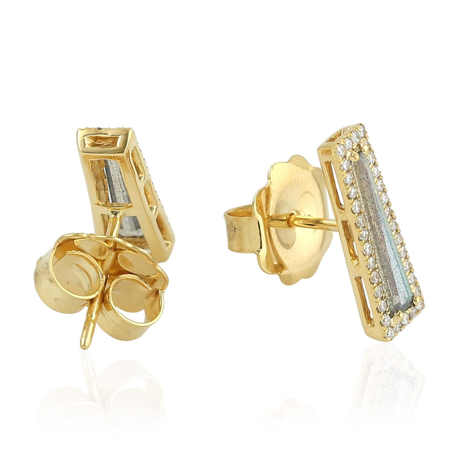 Artisan Rhombus Shaped Labradorite Stud Earrings With Diamonds Made In 18k Yellow Gold For Sale