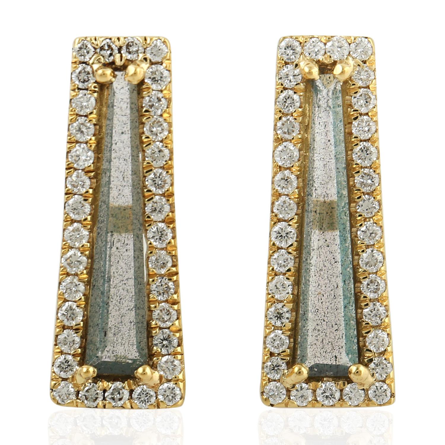 Mixed Cut Rhombus Shaped Labradorite Stud Earrings With Diamonds Made In 18k Yellow Gold For Sale