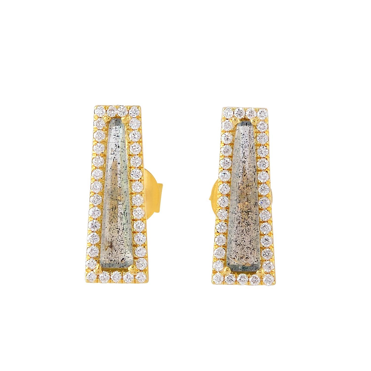 Rhombus Shaped Labradorite Stud Earrings With Diamonds Made In 18k Yellow Gold In New Condition For Sale In New York, NY