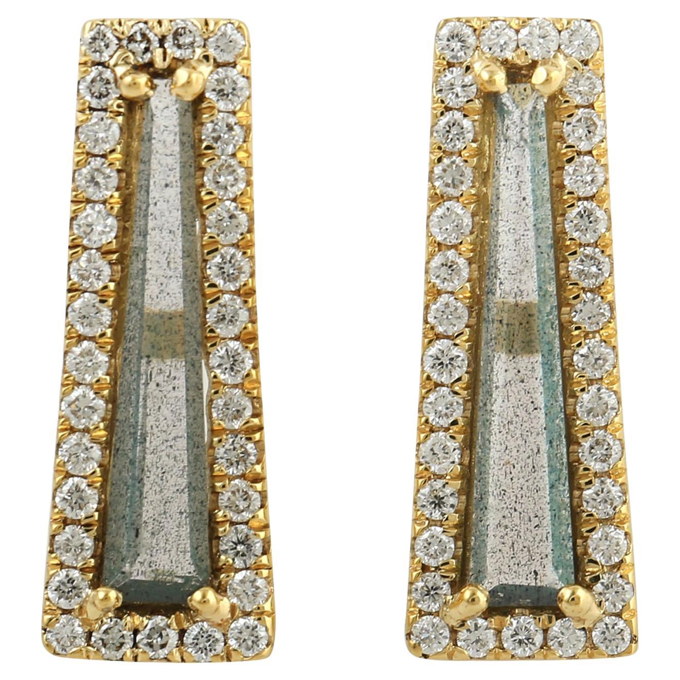 Rhombus Shaped Labradorite Stud Earrings With Diamonds Made In 18k Yellow Gold For Sale