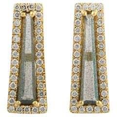 Rhombus Shaped Labradorite Stud Earrings With Diamonds Made In 18k Yellow Gold