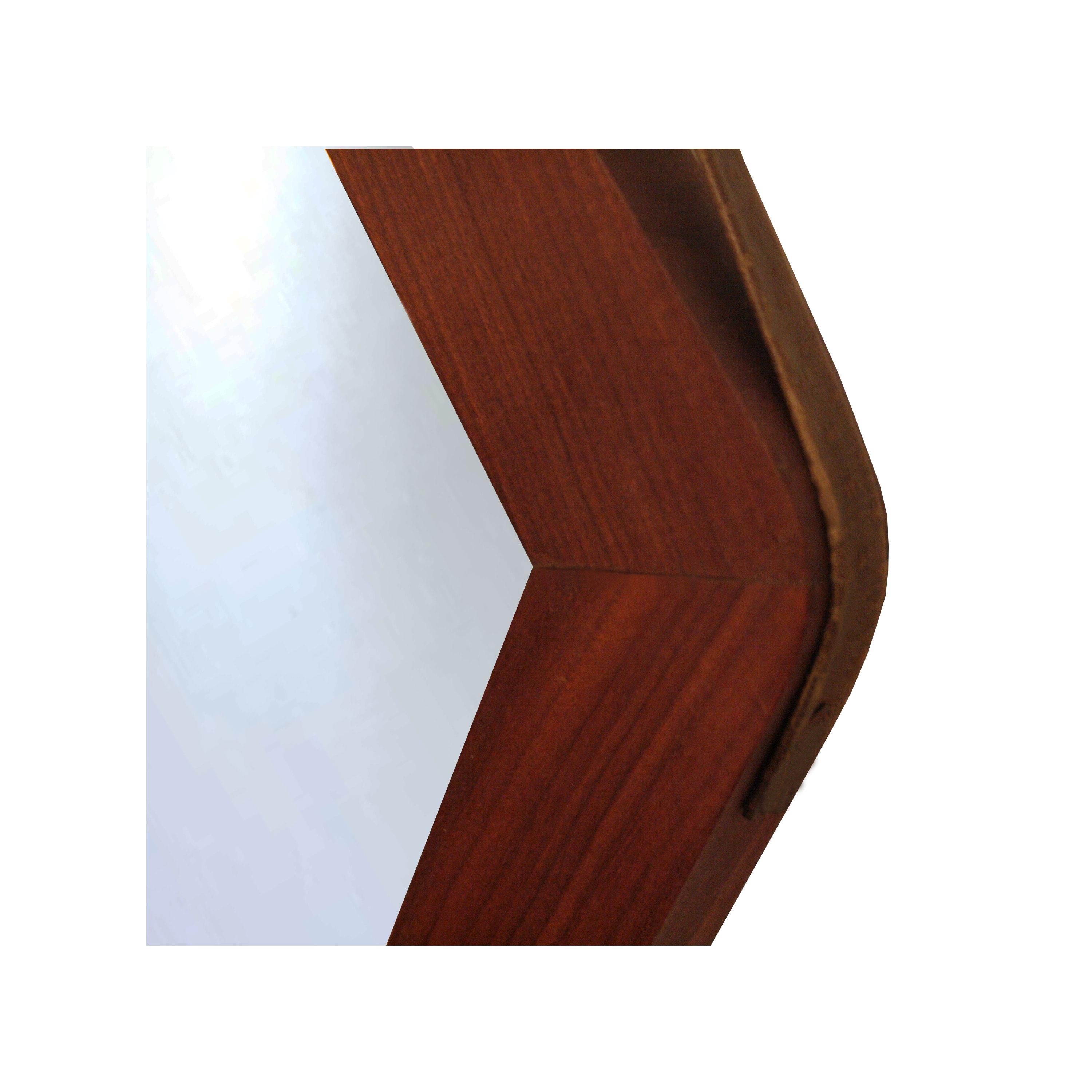 Rhombus-shaped mirror with rosewood frame and leather strip for hanging.