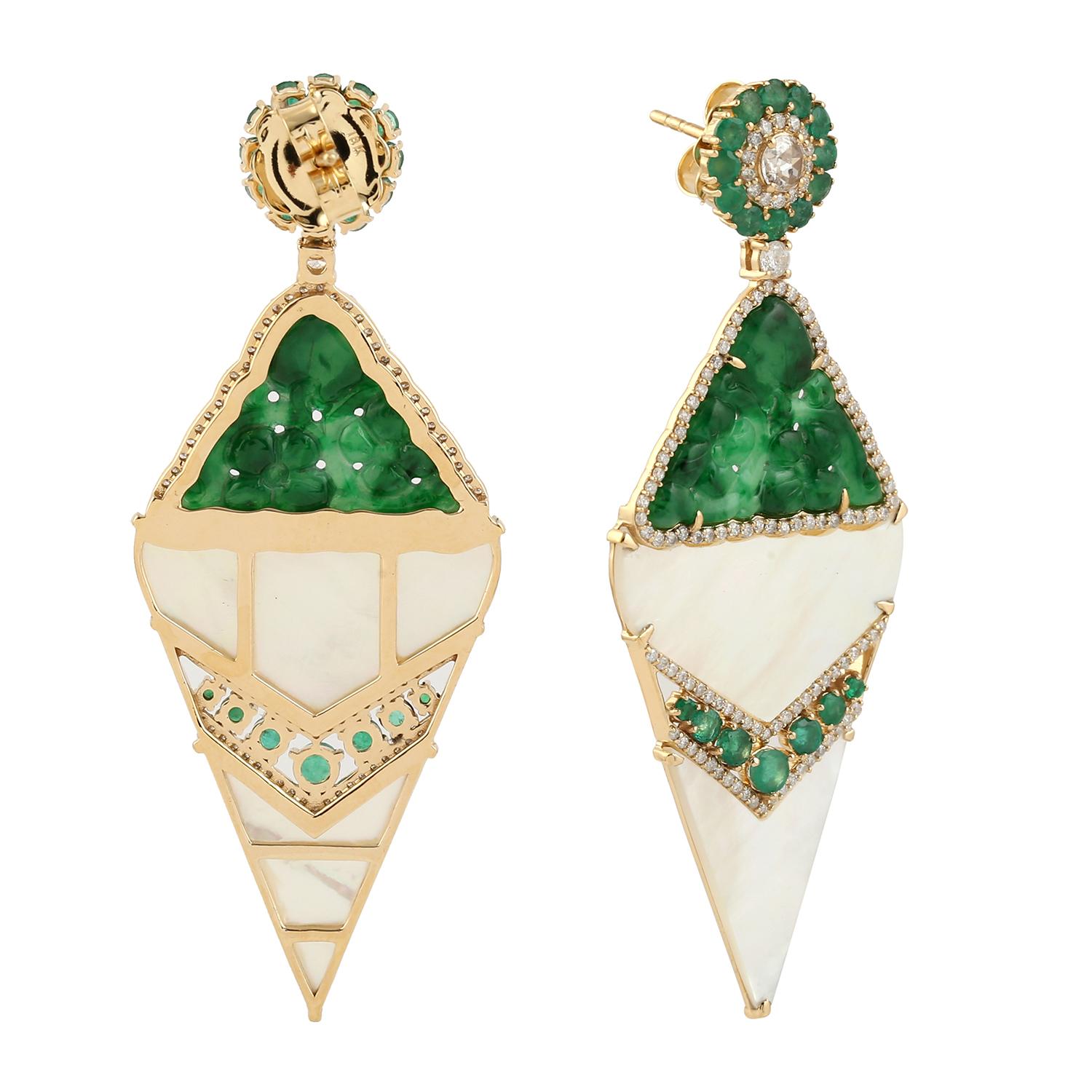 Artisan Rhombus Shaped MOP & Jade Dangle Earrings With Emerald & Diamonds In 18k Gold For Sale