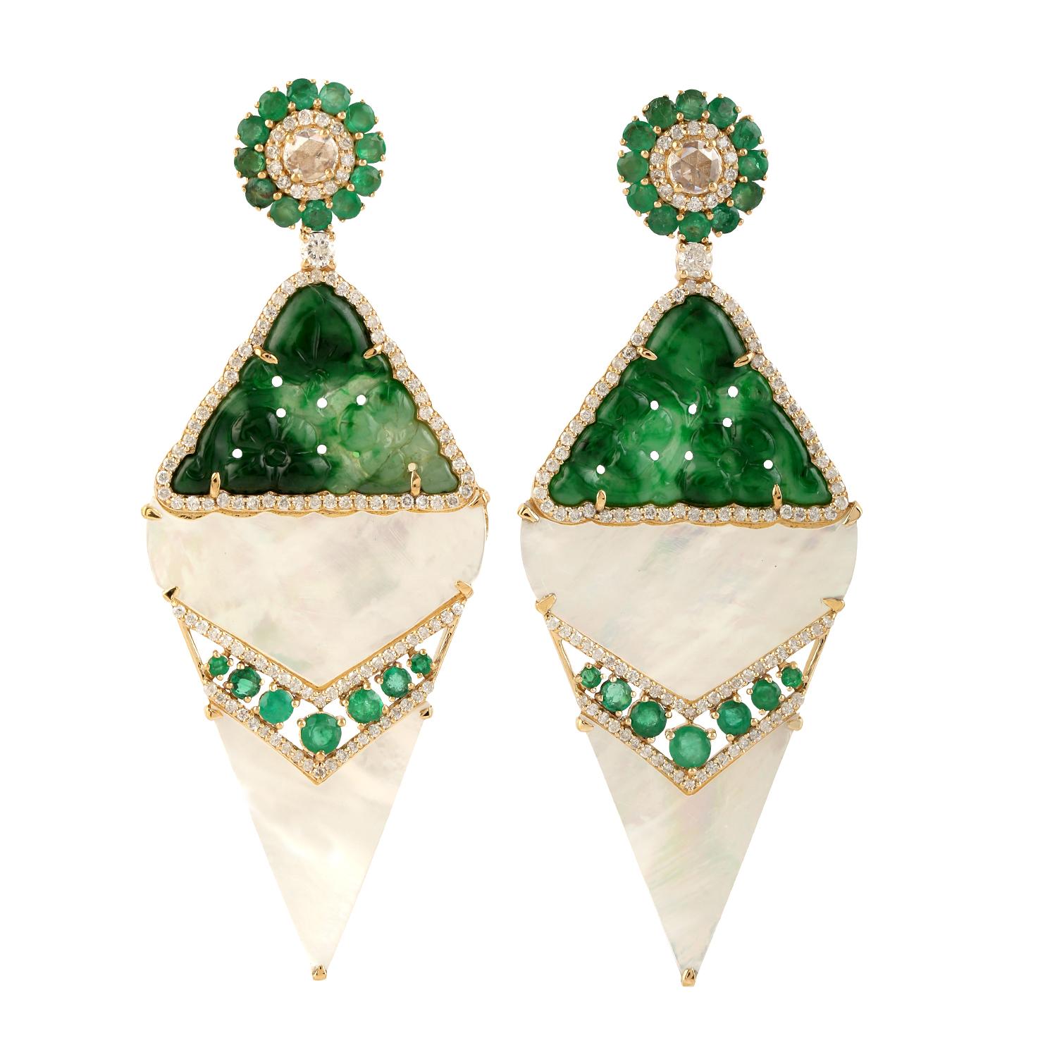 Mixed Cut Rhombus Shaped MOP & Jade Dangle Earrings With Emerald & Diamonds In 18k Gold For Sale