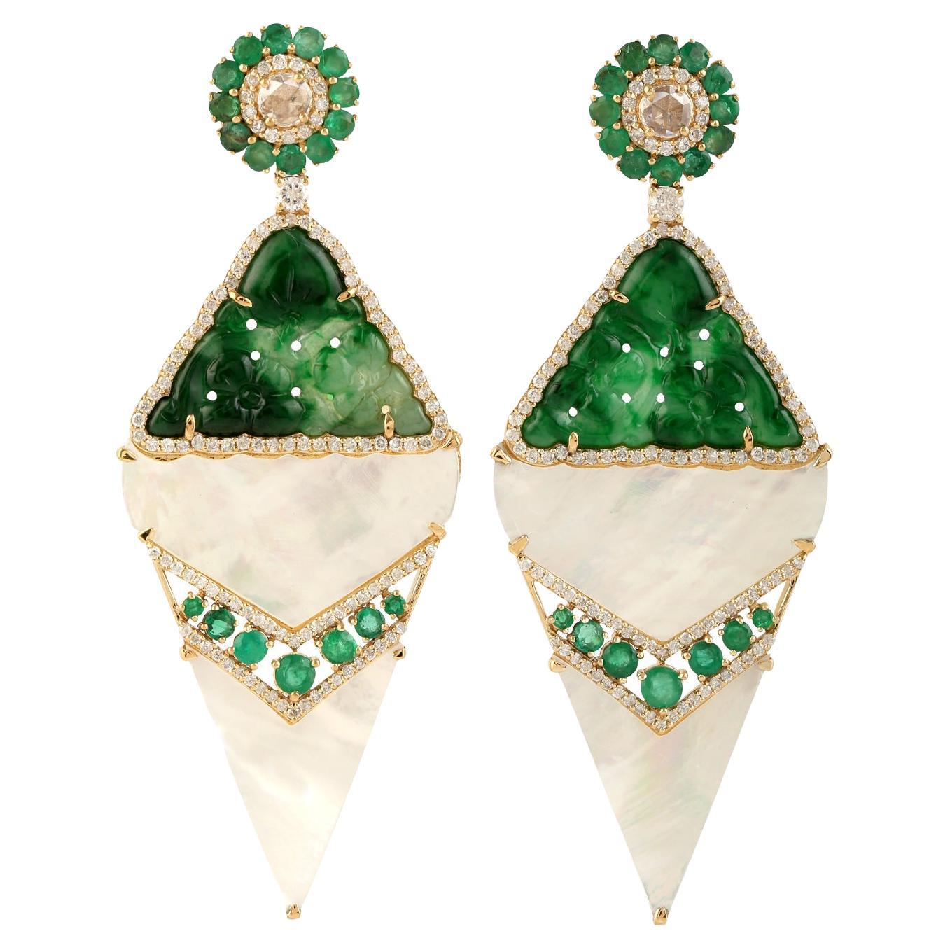Rhombus Shaped MOP & Jade Dangle Earrings With Emerald & Diamonds In 18k Gold