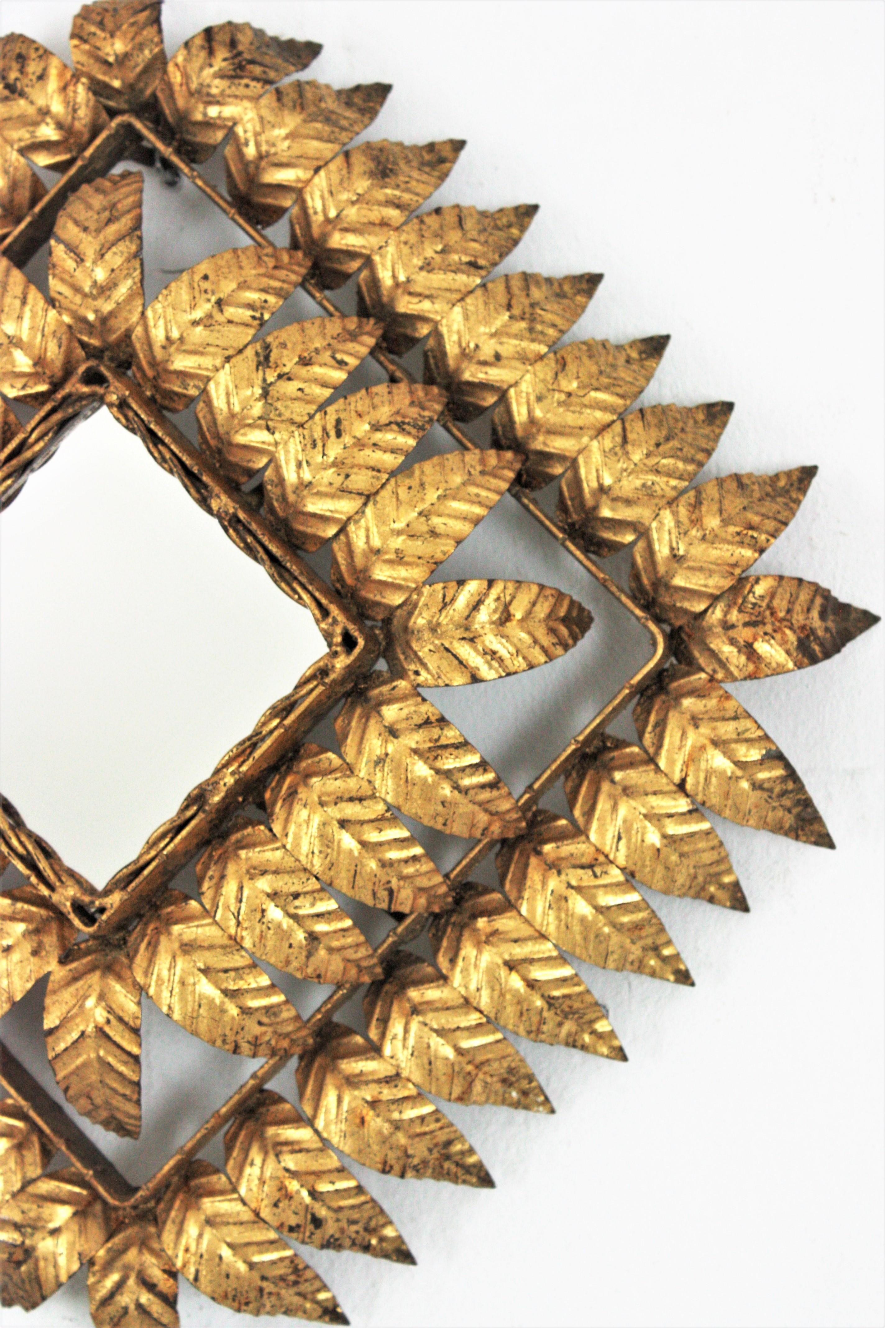 Double Layered Sunburst Rhombus Mirror in Gilt Metal, 1950s In Good Condition For Sale In Barcelona, ES