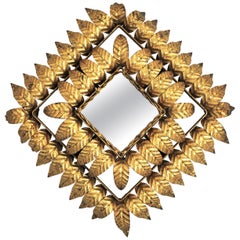 Retro Double Layered Sunburst Rhombus Mirror in Gilt Metal, 1950s