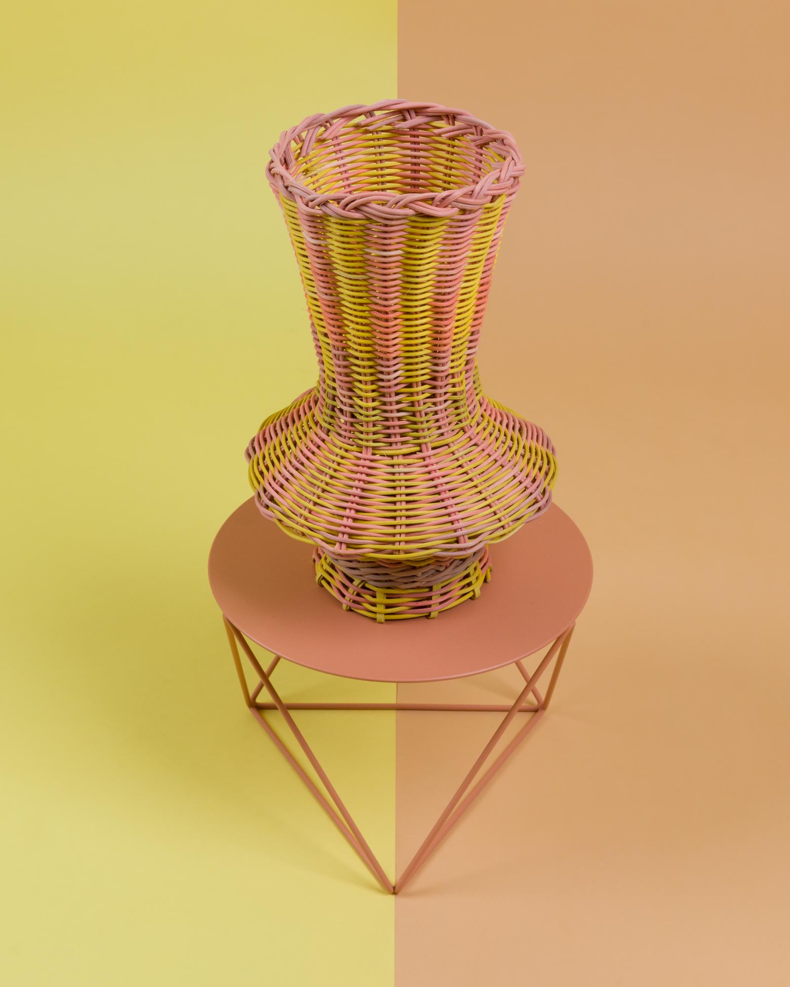 Modern Rhombus Vase Woven in Lemon and Salmon by Studio Herron
