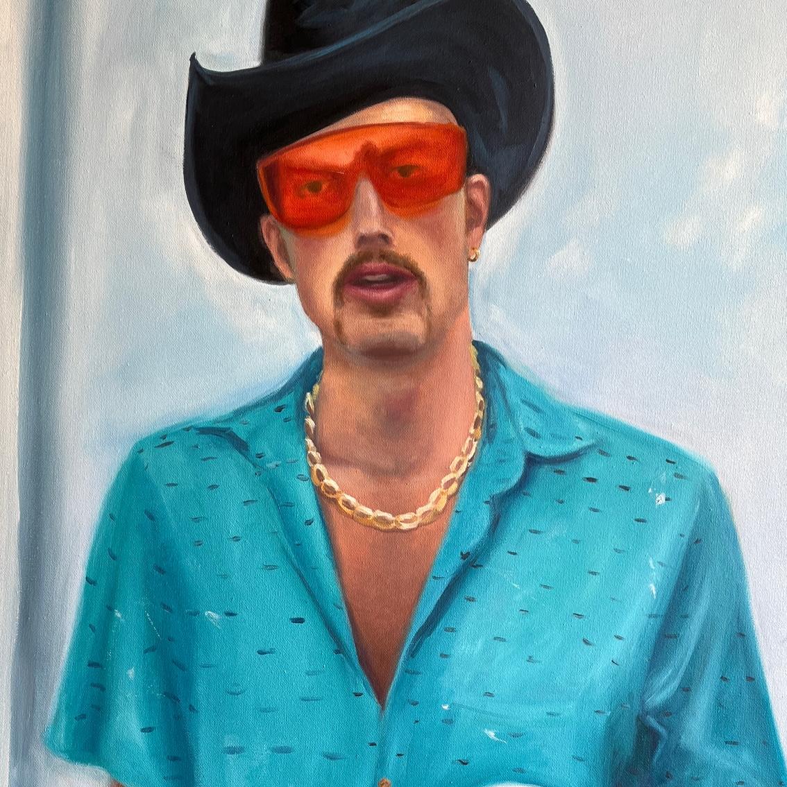 Boi ricco e piccante, Olio, Figurativo  Marfa, Texas, Personaggio reale, 40 x 30 - Figurative Painting Grigio di Rhonda  Lancios
