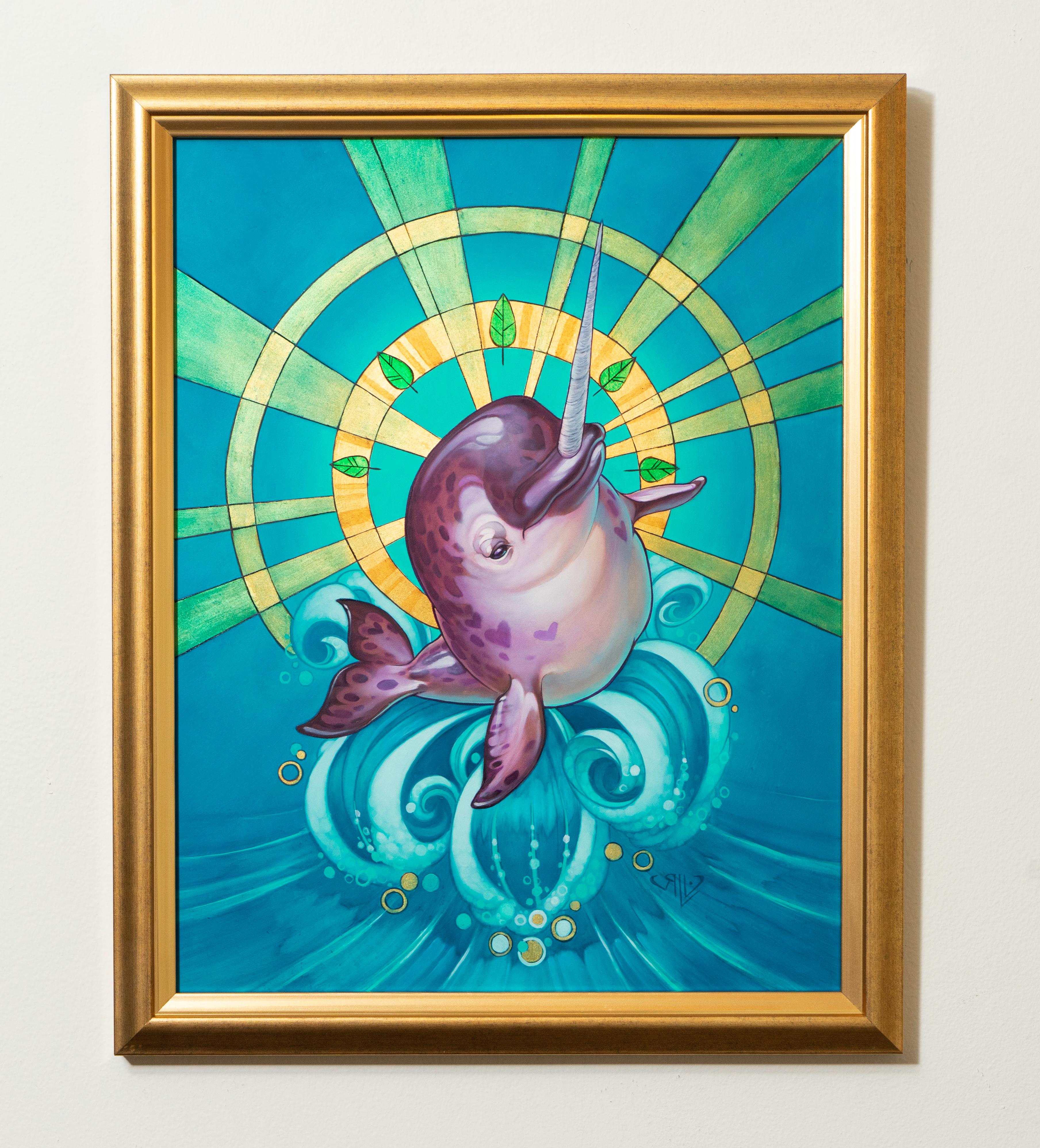 „Ace of Wands“ (2021) von Rhonda Libbey, Original skurriles Originalgemälde eines Delphin im Angebot 1
