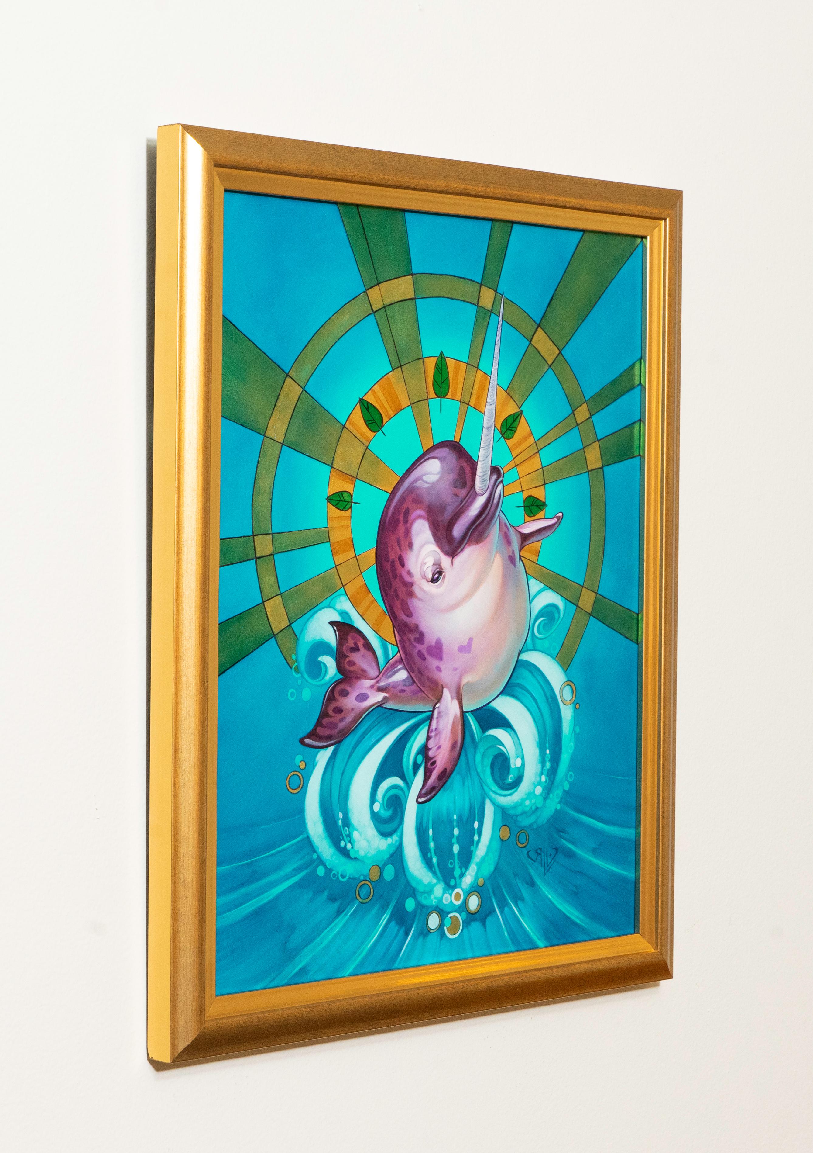 „Ace of Wands“ (2021) von Rhonda Libbey, Original skurriles Originalgemälde eines Delphin im Angebot 2