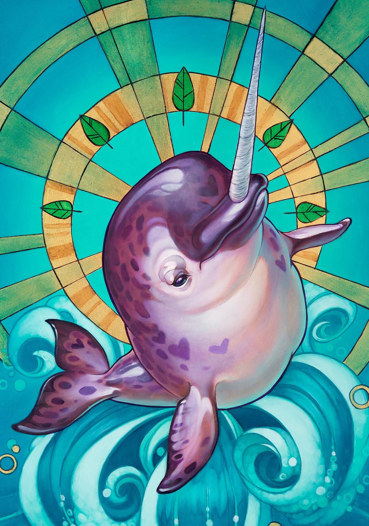 „Ace of Wands“ (2021) von Rhonda Libbey, Original skurriles Originalgemälde eines Delphin im Angebot 3