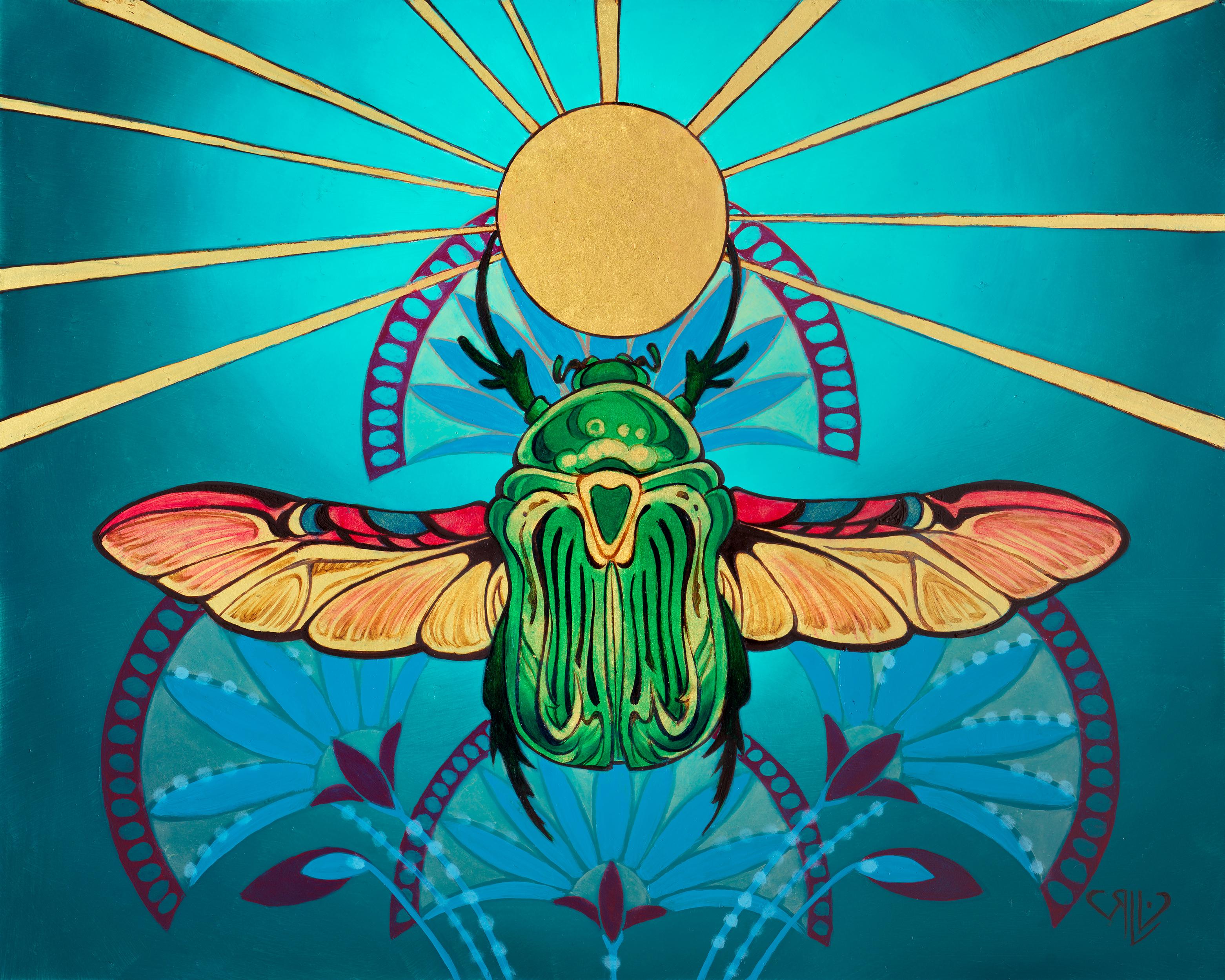 Rhonda Libbeys "Khepri" ist ein originales, handgefertigtes Aquarell, das einen goldenen, geflügelten Skarabäus mit goldener Sonne und Strahlen darstellt. Dieses Gemälde ist gerahmt und hängefertig. 

Rhonda Libbey ist bekannt für ihre stark