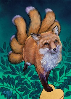 "Kitsune" (2023) by Rhonda Libbey, Original Painting, Japanese Trickster Fox