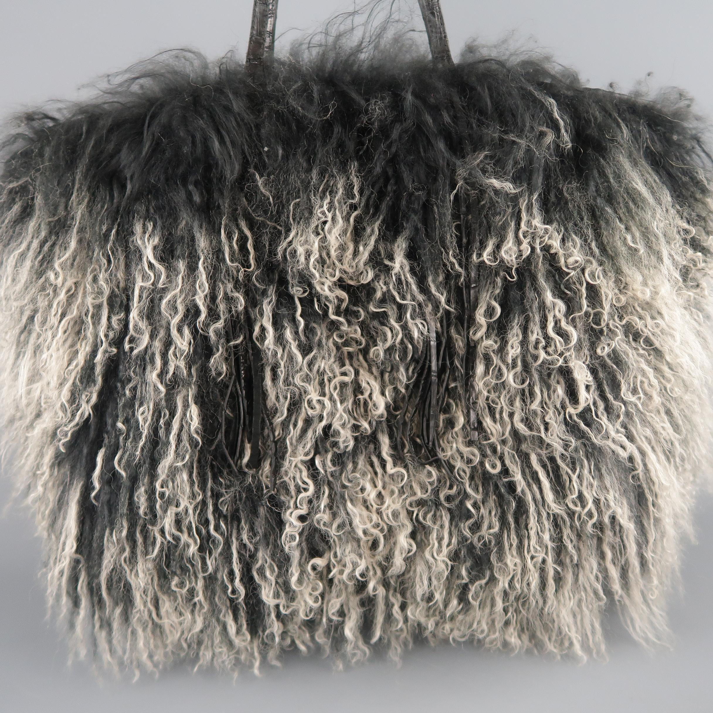 RHONDA OCHS Black Alligator Leather Ombre Mongolian Lamb Fur Tote Bag 3