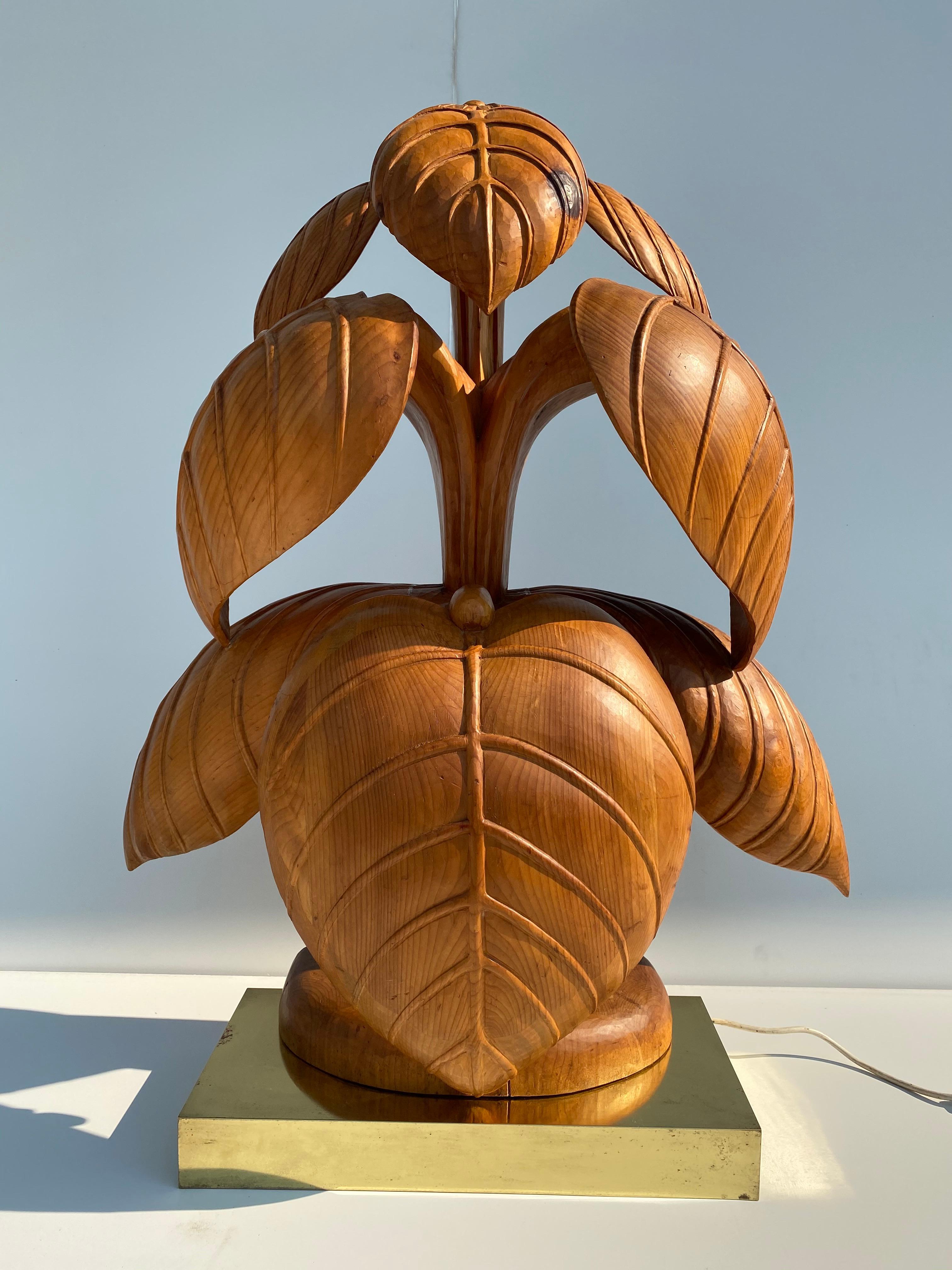 Rhubarb leaf sculpture / lamp by Bartolozzi & Maioli. It is hand carved out of knotty pine on brass base.