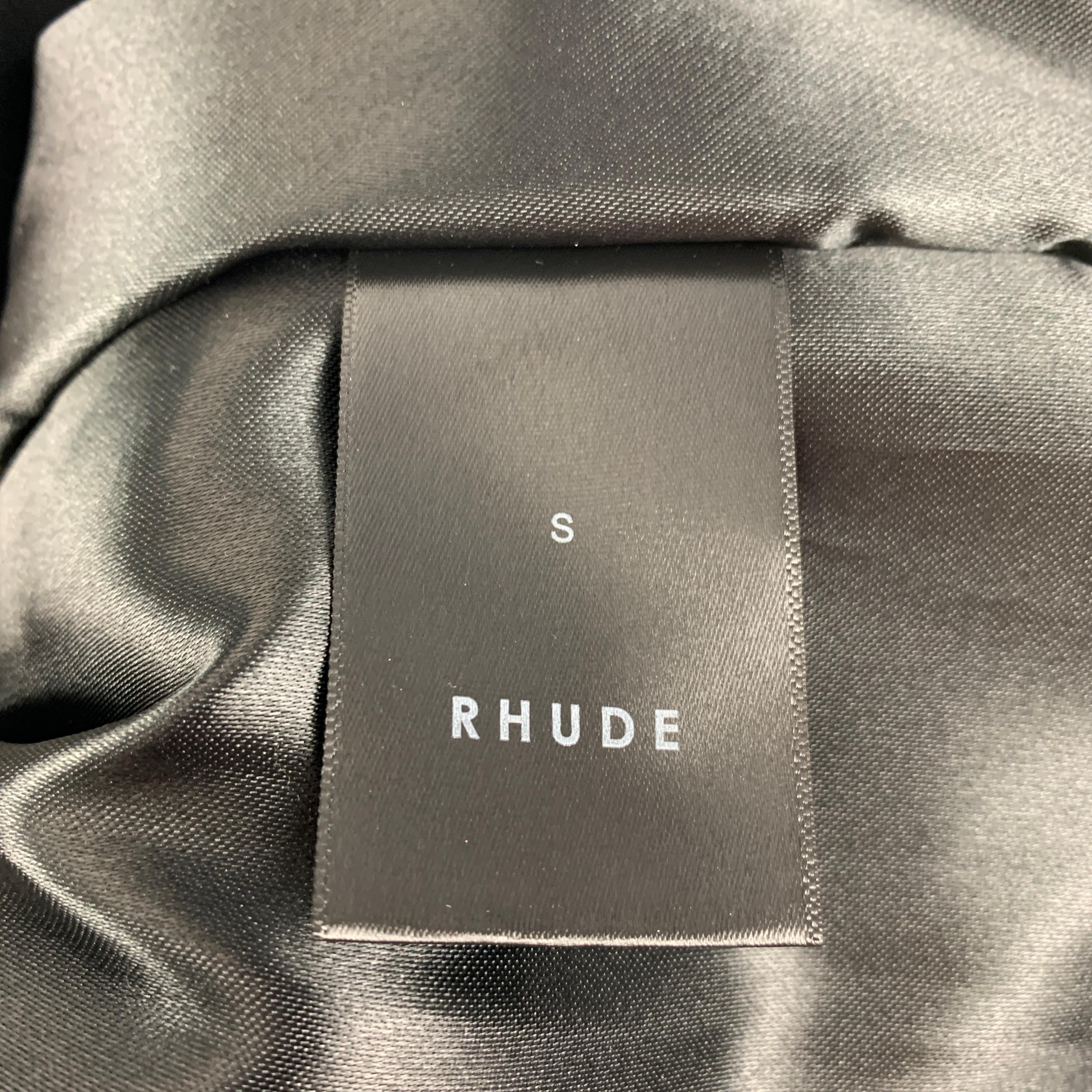 RHUDE SS 22 Size S Black Cream Cotton Embroidered Leather Bomber Jacket In Excellent Condition In San Francisco, CA