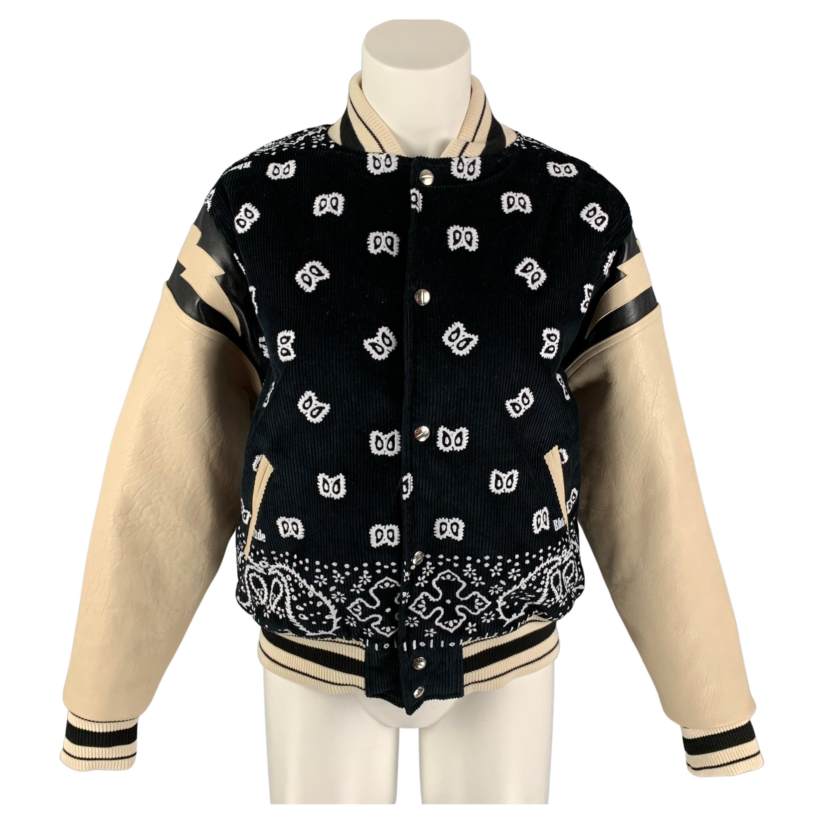 RHUDE SS 22 Size S Black Cream Cotton Embroidered Leather Bomber Jacket