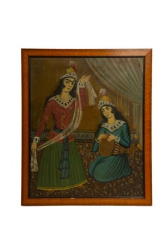 Rhythm and Grace: Qajar School Oil Painting of a Dancer and Musician