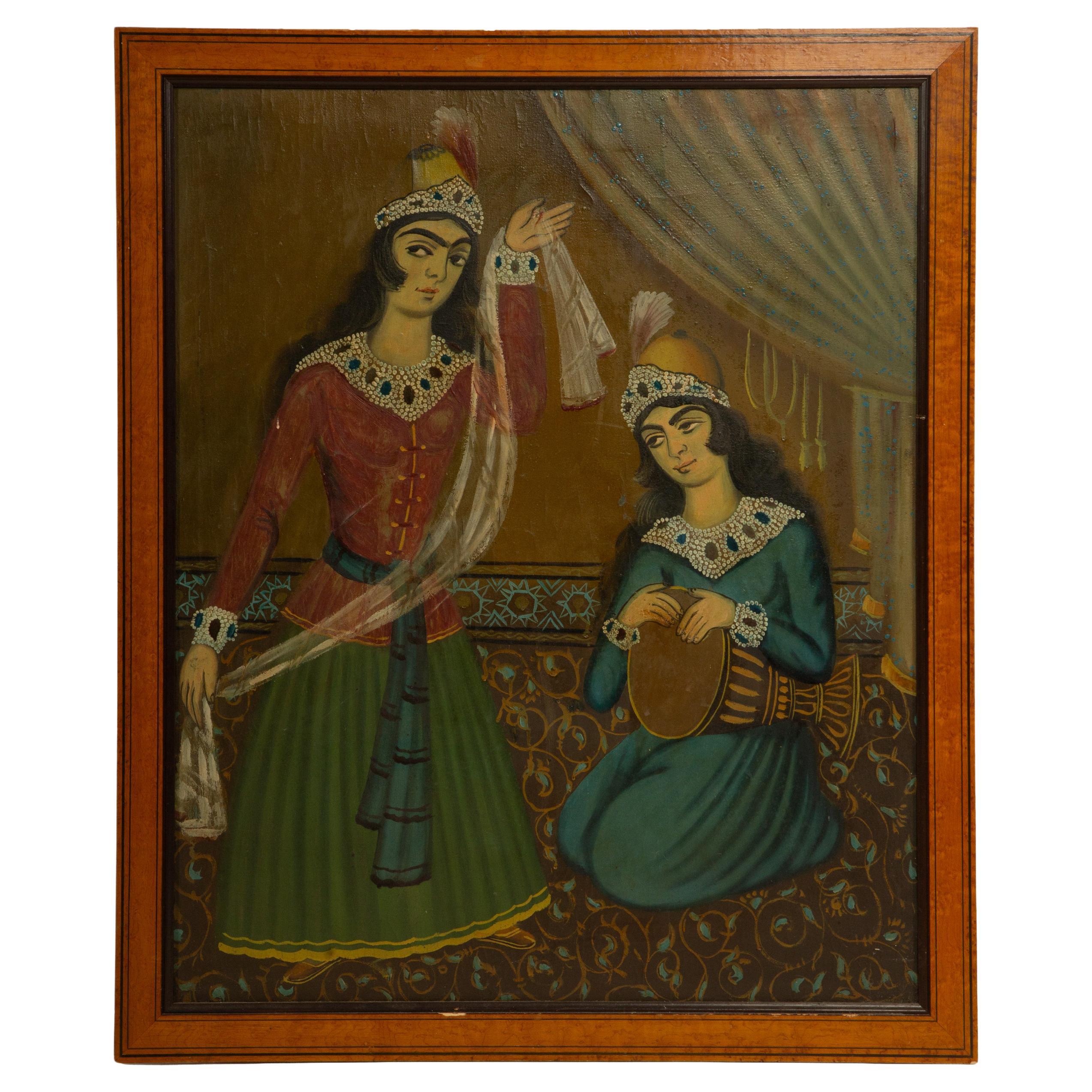 Rhythm and Grace: Qajar School Oil Painting of a Dancer and Musician For Sale