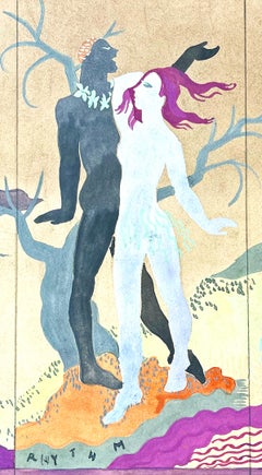 "Rhythm, " Design for Art Deco Folding Screen w/ Nudes, Gold, Magenta & Charcoal