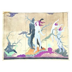 Vintage "Rhythm, " Design for Art Deco Folding Screen w/ Nudes, Gold, Magenta & Charcoal