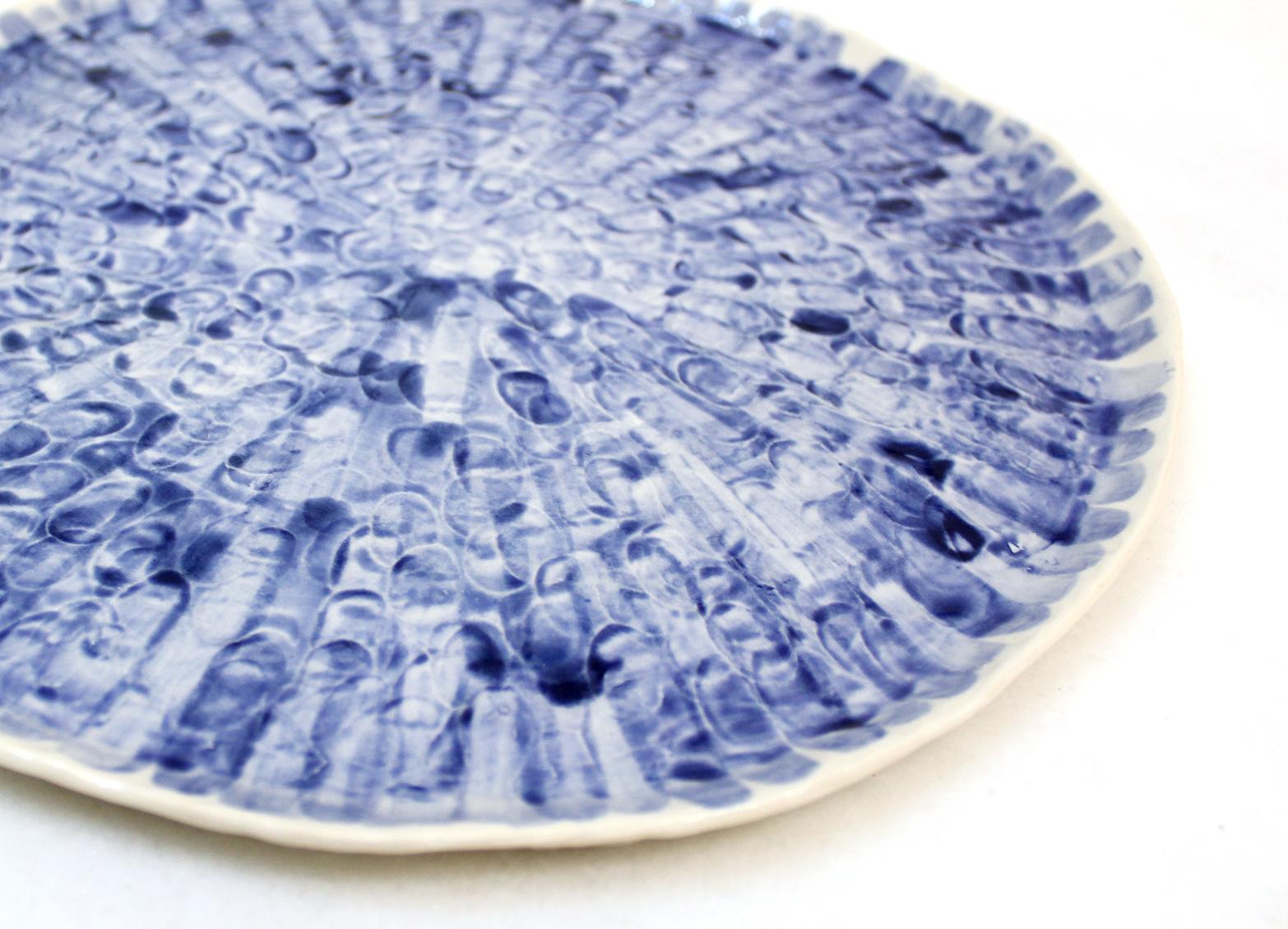 Modern Rhythm Platter #1 by Isabel Halley, White Porcelain with Cobalt Glaze