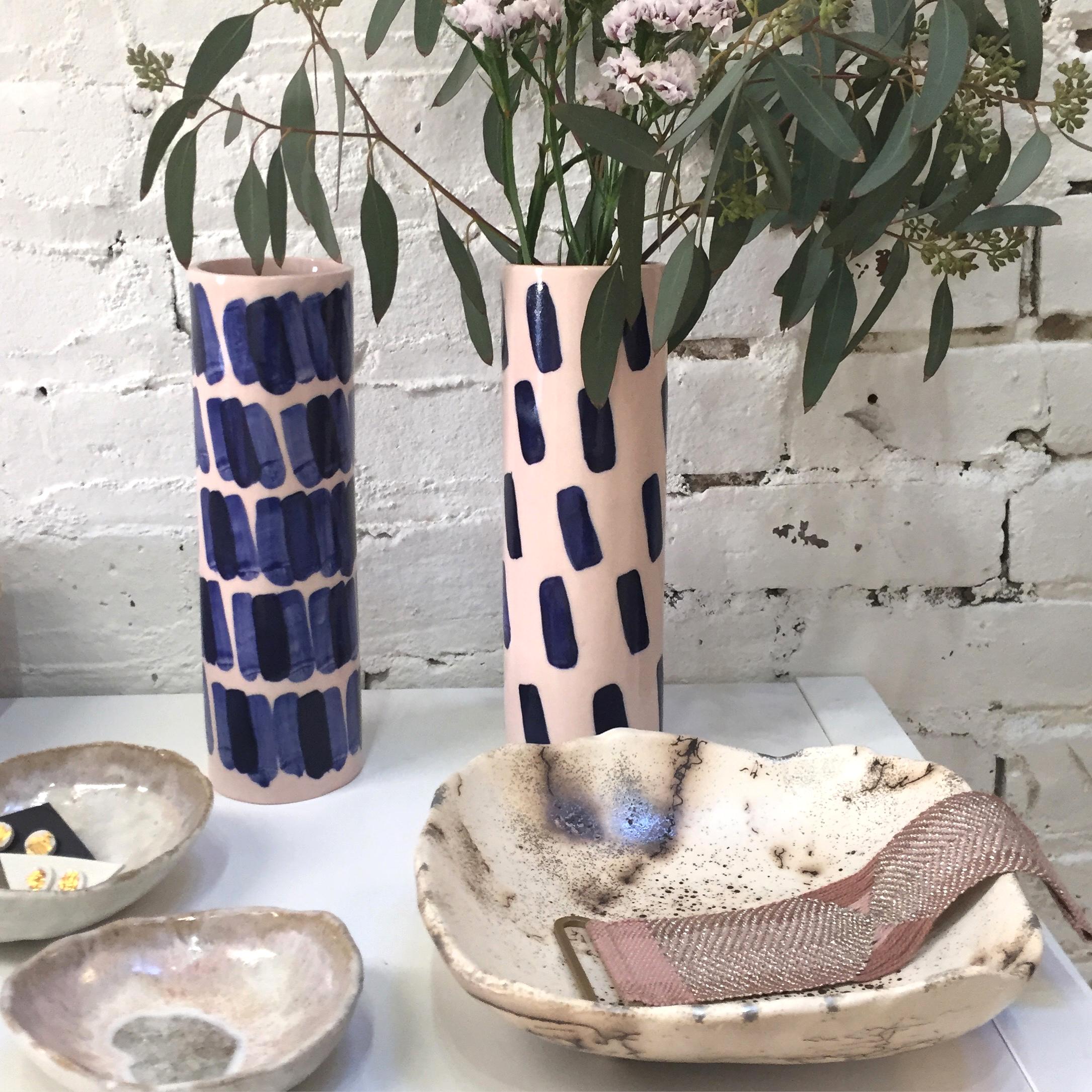 Modern Rhythm Vase #1 by Isabel Halley, in Dyed Pink Porcelain with Cobalt Glaze