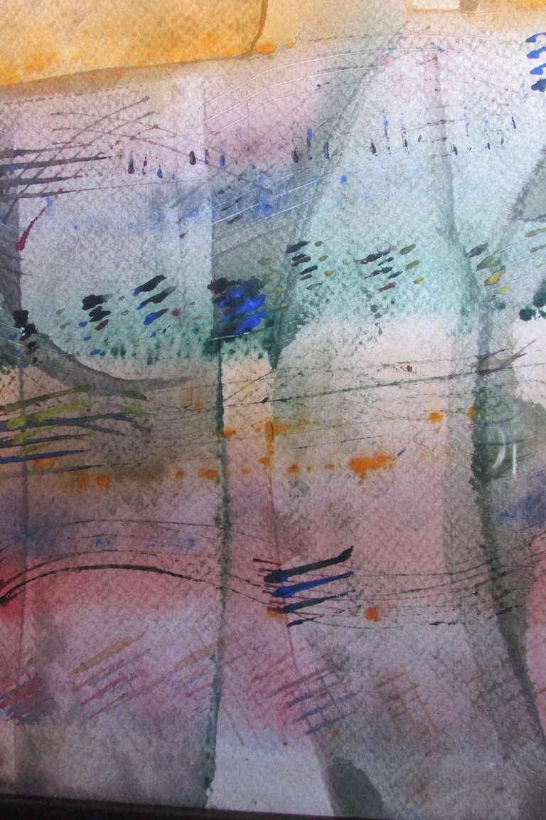 Cette composition rythmique contemporaine de Barry Bleach présente de doux lavis de couleur ponctués de hachures opaques. L'aquarelle sur papier est signée en bas à droite, 