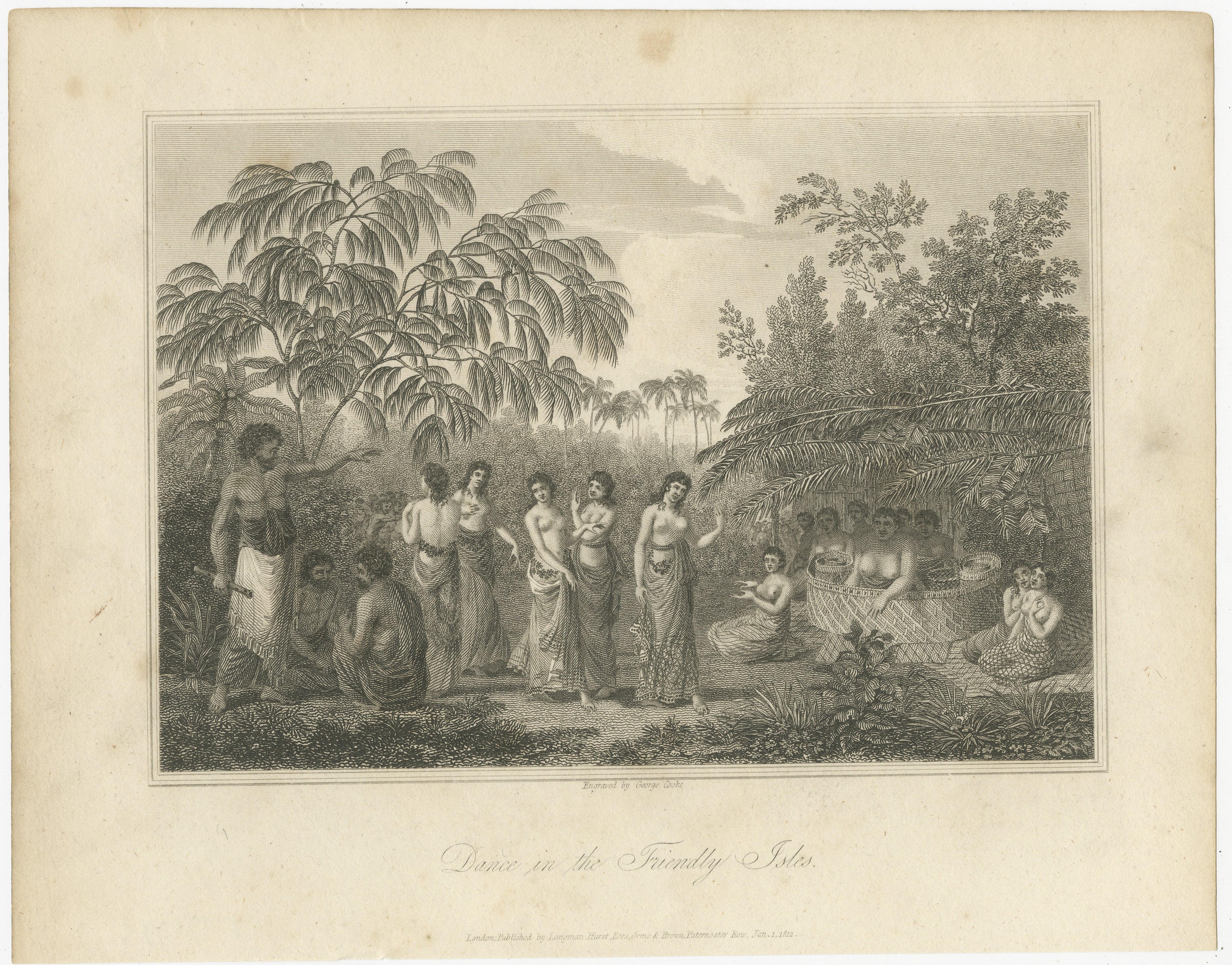 The engraving depicts a serene and communal scene labeled as 