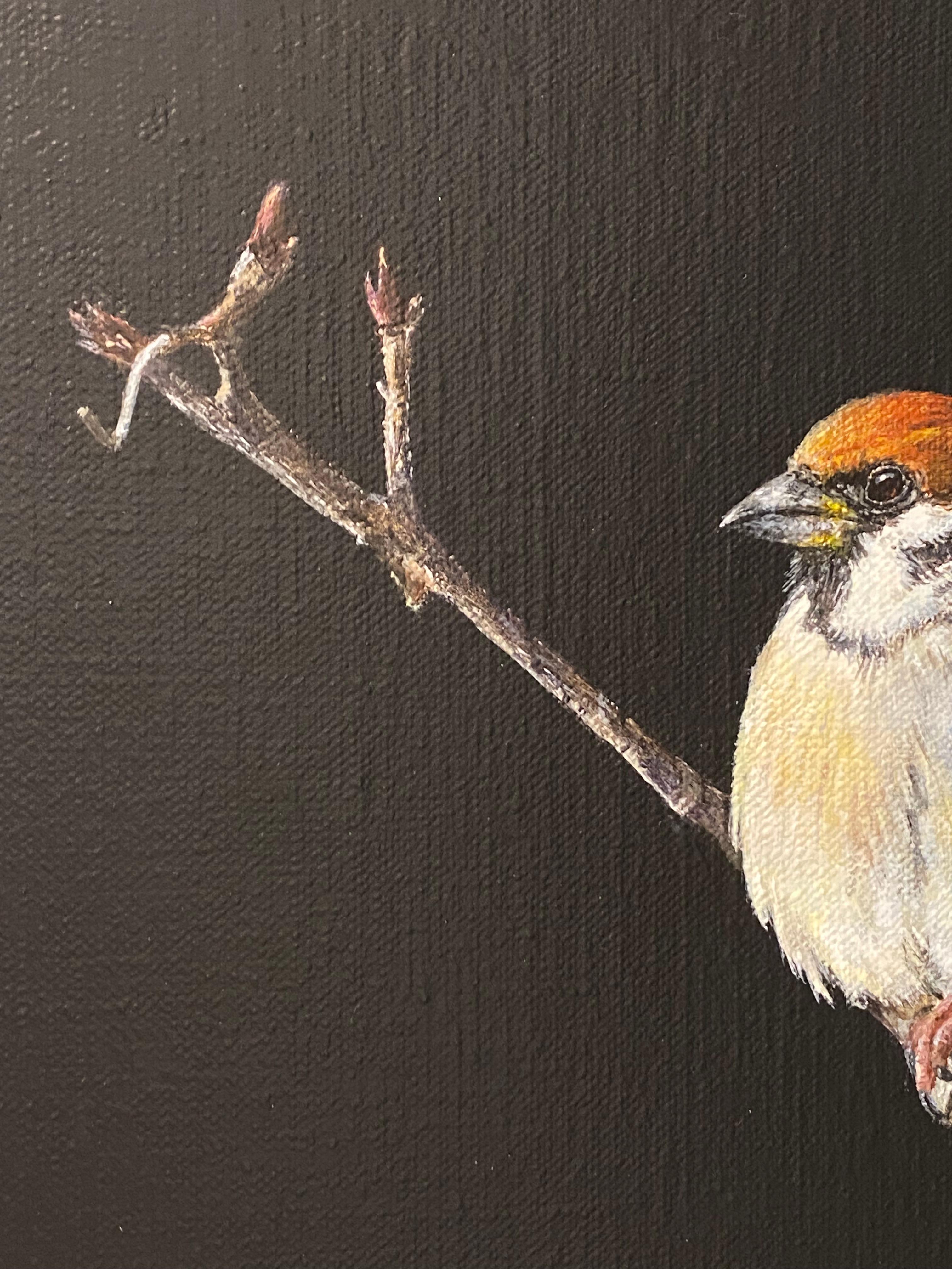 Passero dell'albero - Pittura realistica di un uccello del XXI secolo - Animal Painting Nero di Ria Koreman