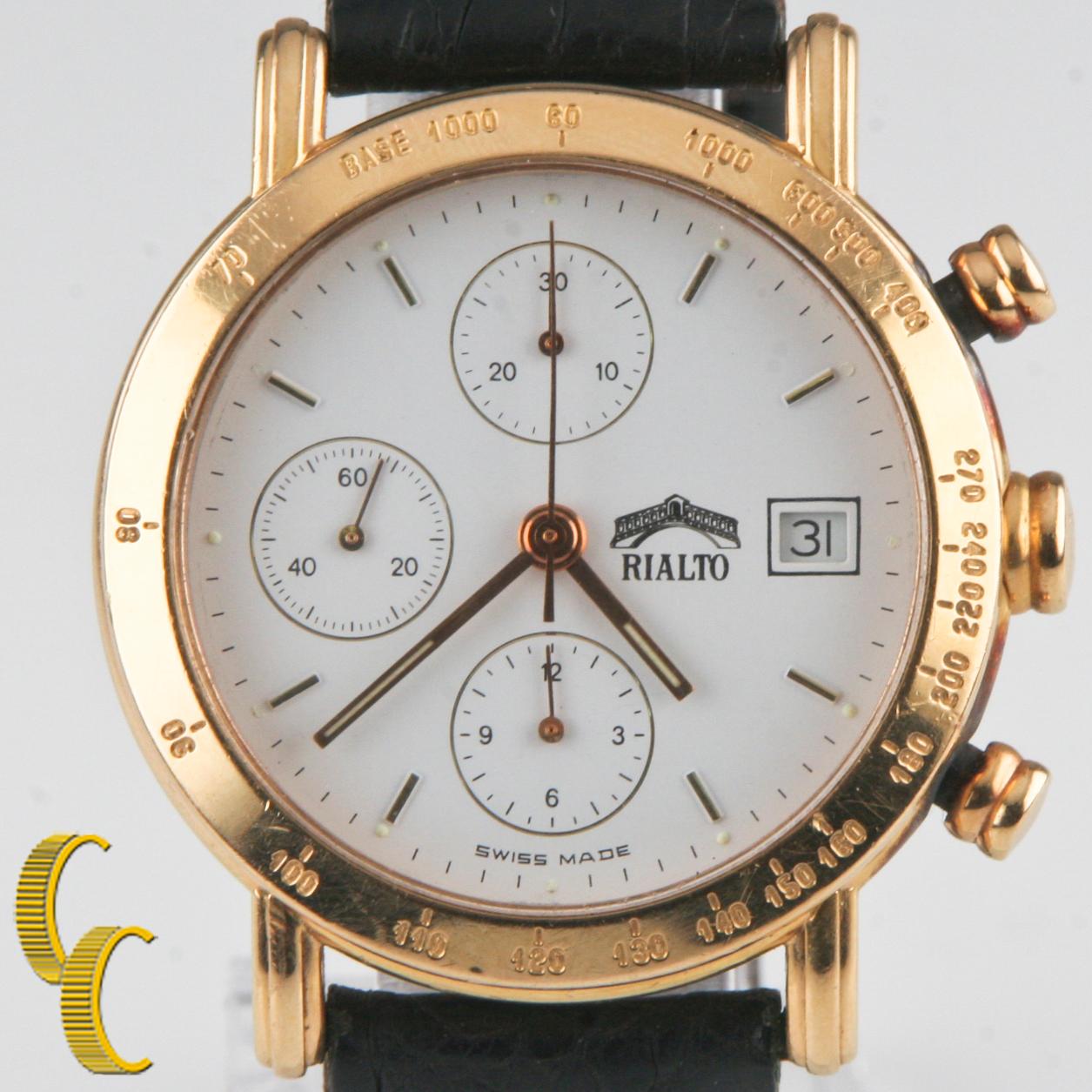18k Yellow Gold Case w/ Tachymeter Bezel
37 mm in Diameter (39 mm w/ Crown)
Lug-to-Lug Distance = 42 mm
Thickness = 12 mm
White Chronograph Dial w/ Gold Tic Marks & Hands (S, M, H)
Luminous Accents on Tic Marks and Hands
Date Feature at 3:00
31 mm