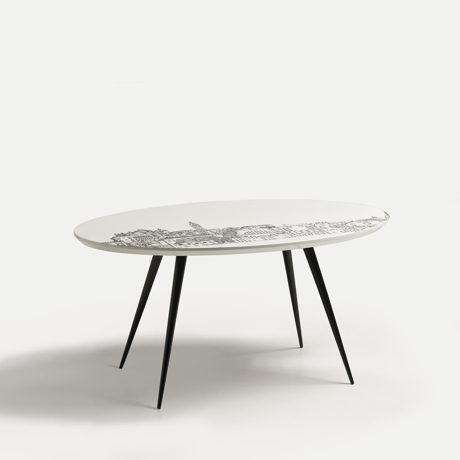 This modern coffee table is part of the Venezia Series of modern tables designed by Anna Sutor and inspired by the Venetian landscapes with its iconic architecture. Made entirely of wood, four slim, slanted legs with lacquered black finish support a